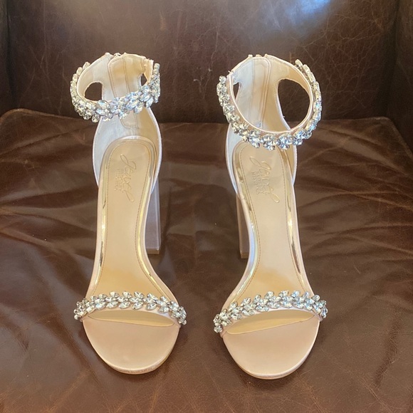 mayra champagne satin rhinestone ankle strap heels